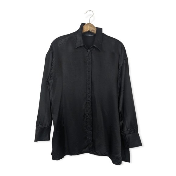 Zara Tops - Zara Black Satin Effect Long Sleeve Button Down Shirt